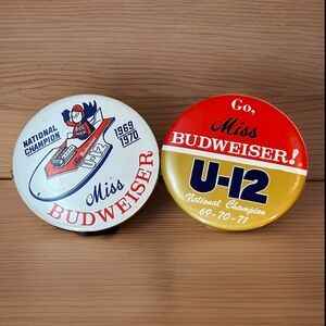 Lot of 2 Miss Budweiser U-12 Buttons Pins Vintage Hydroplane Races 70’s